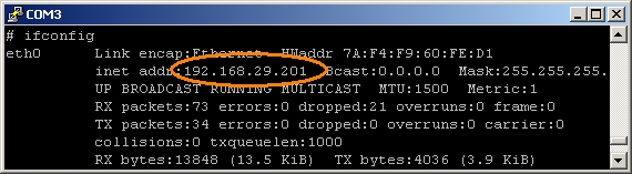 The output of ifconfig command shows the IP address assigned to your device