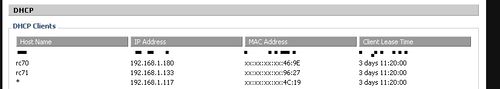 DHCP listing of a DD-WRT router showing hostnames RC70 and RC71 as 192.168.1.180 and 192.168.1.133