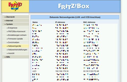 DHCP listing of a Fritzbox showing hostname RC23 as 192.168.178.36